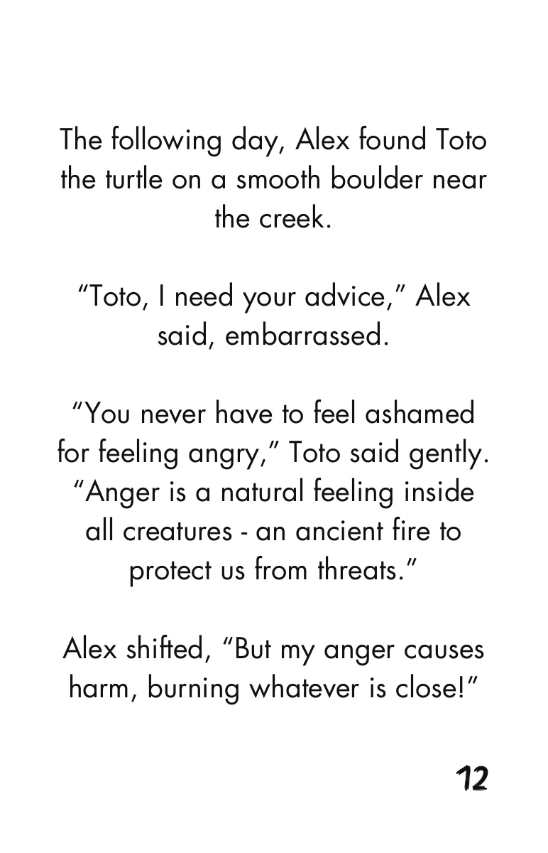 Page 12: Alex asks Toto for advice. Toto explains that anger is a natural feeling.